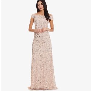 OFF THE SHOULDER SEQUIN BEADED GOWN IN BLUSH